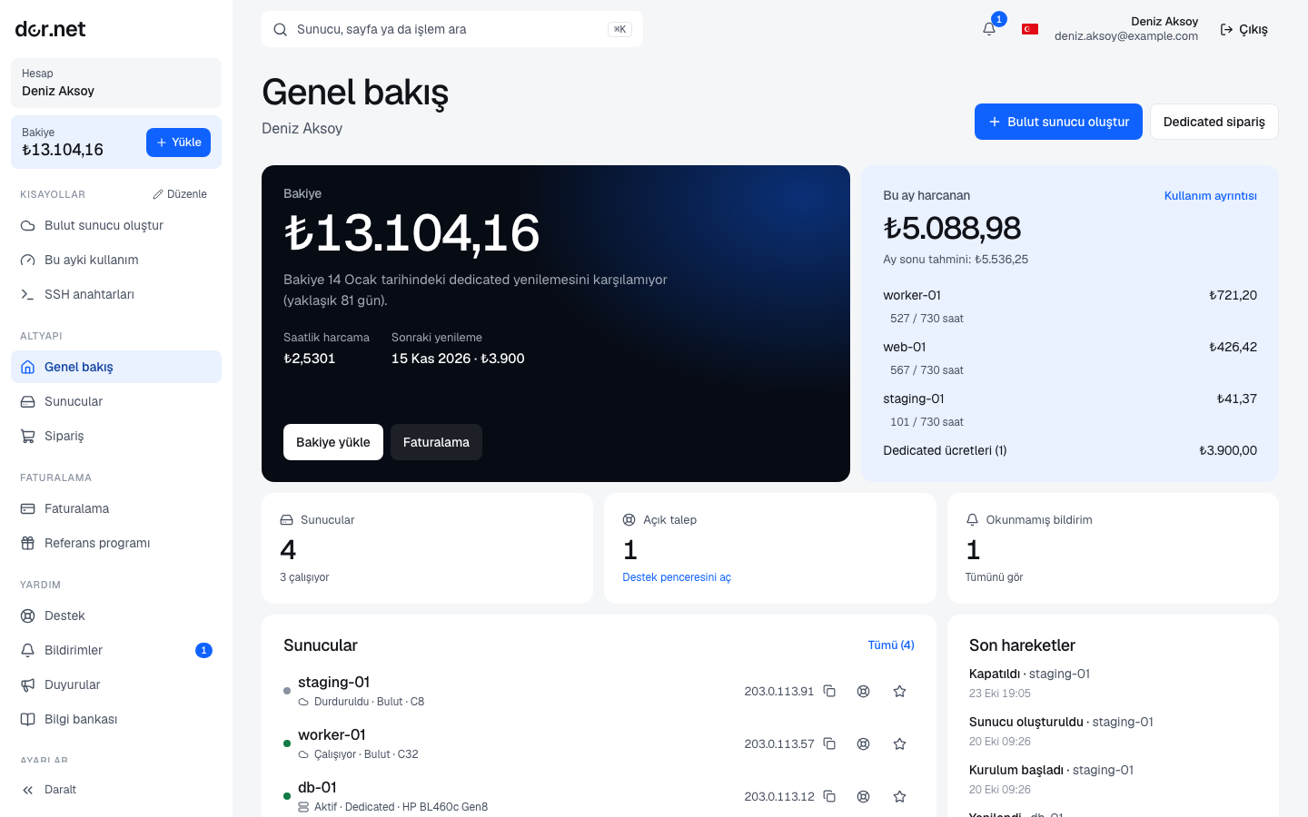 Console dashboard: servers, balance and recent activity