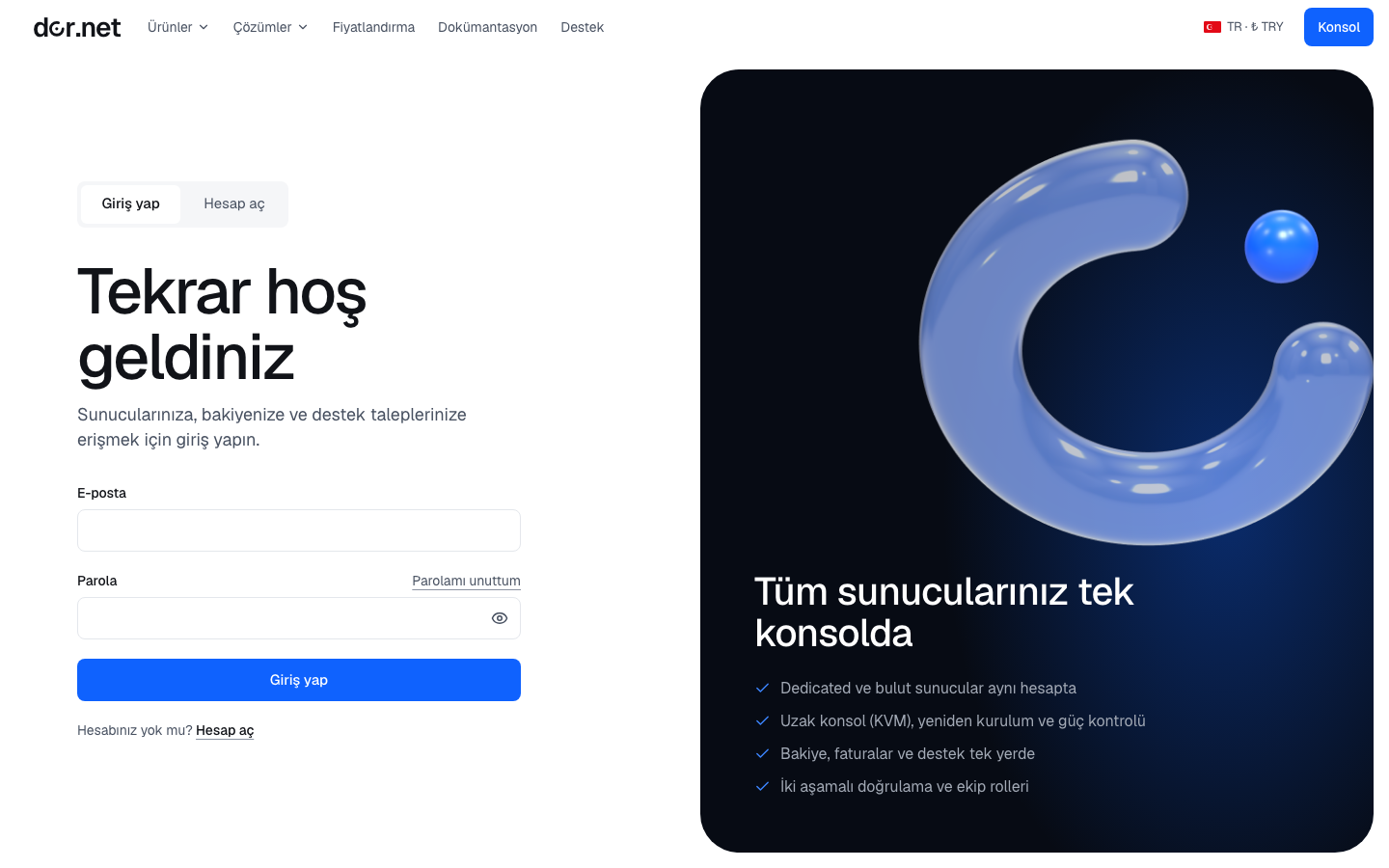 Login page: email and password, password reset link