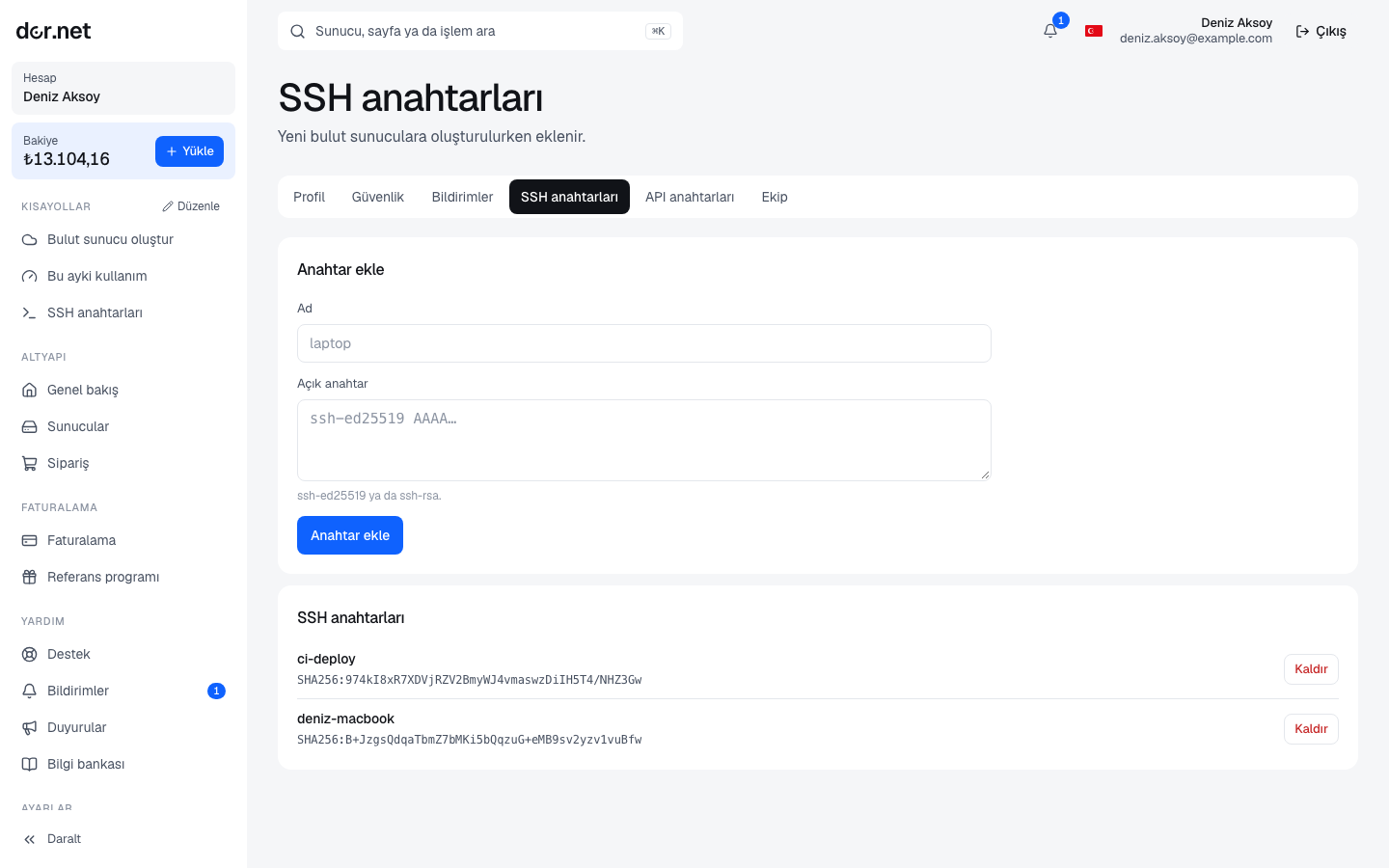 SSH keys page: name and public key fields, list of saved keys