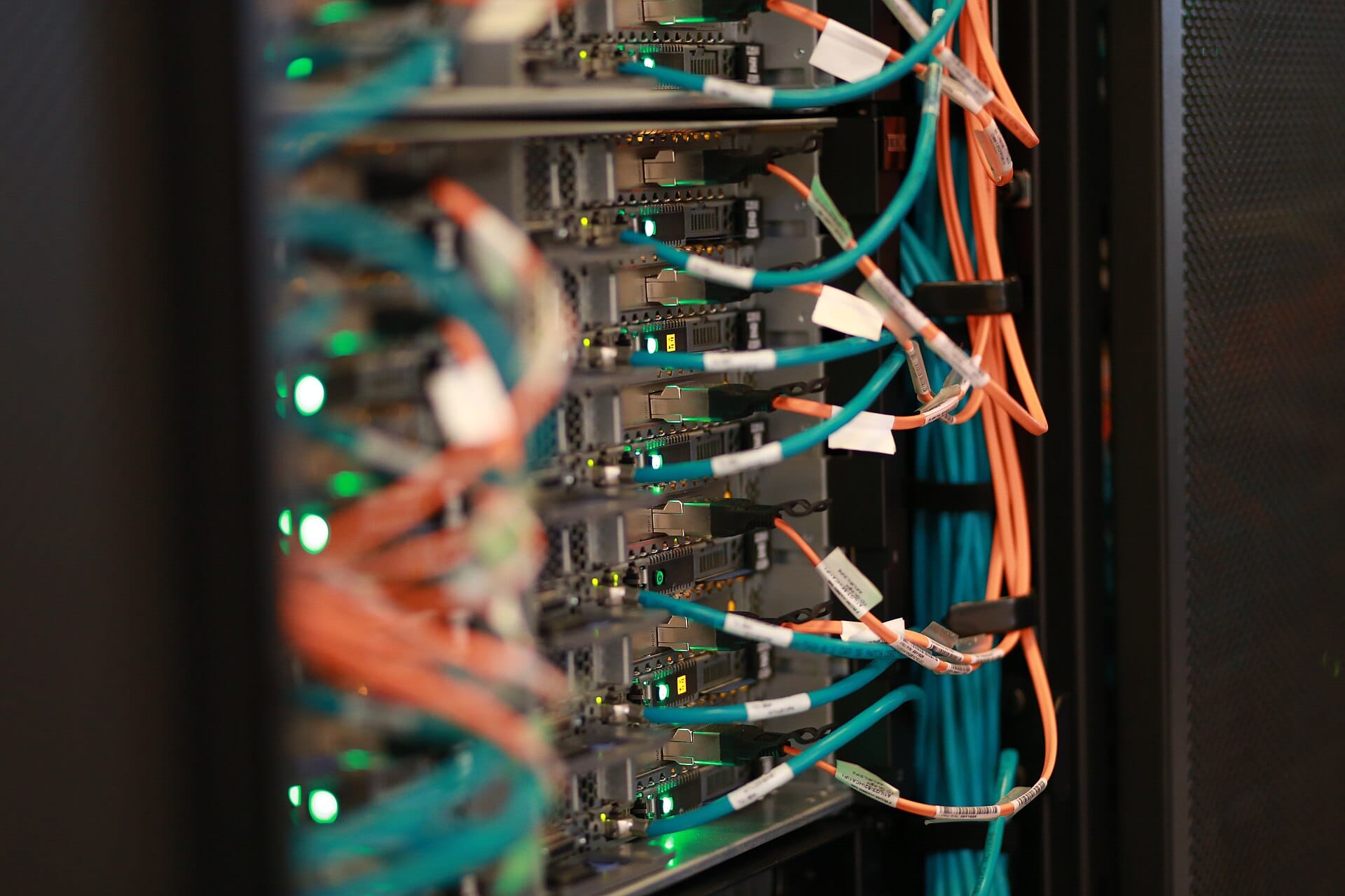 Rear of a server rack: cabled servers