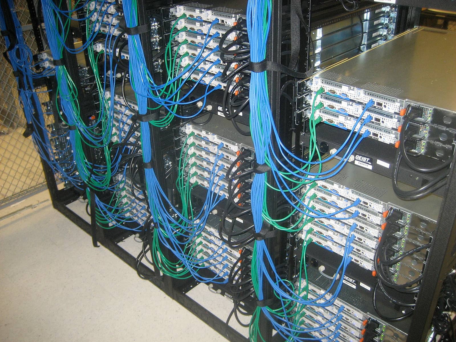 Rear of a server rack: cabled servers
