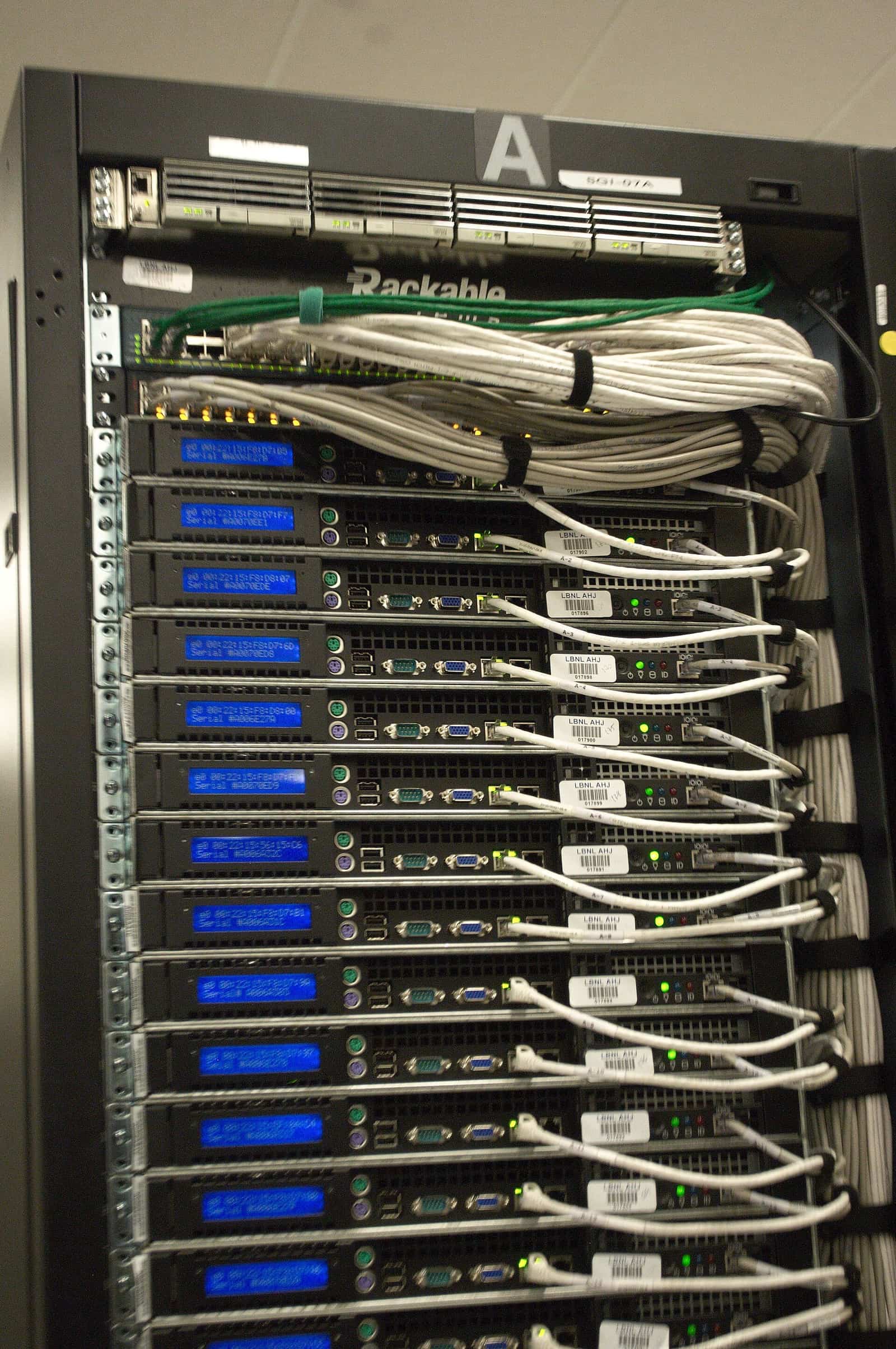 Rear of a server rack: cabled servers